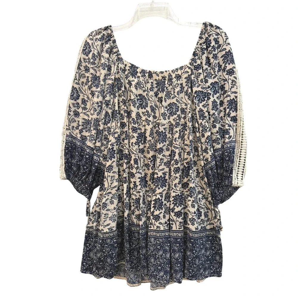 Angie Blue Floral Paisley Boho Peasant Crochet Lace Trim Tiered Mini Dress Small